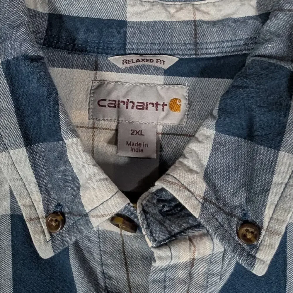 Carhartt Button Down Shirt Mens 2xl Blue Plaid Short Sleeve Shirt